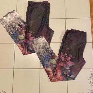 Matching purple leggings with watercolor style flowers